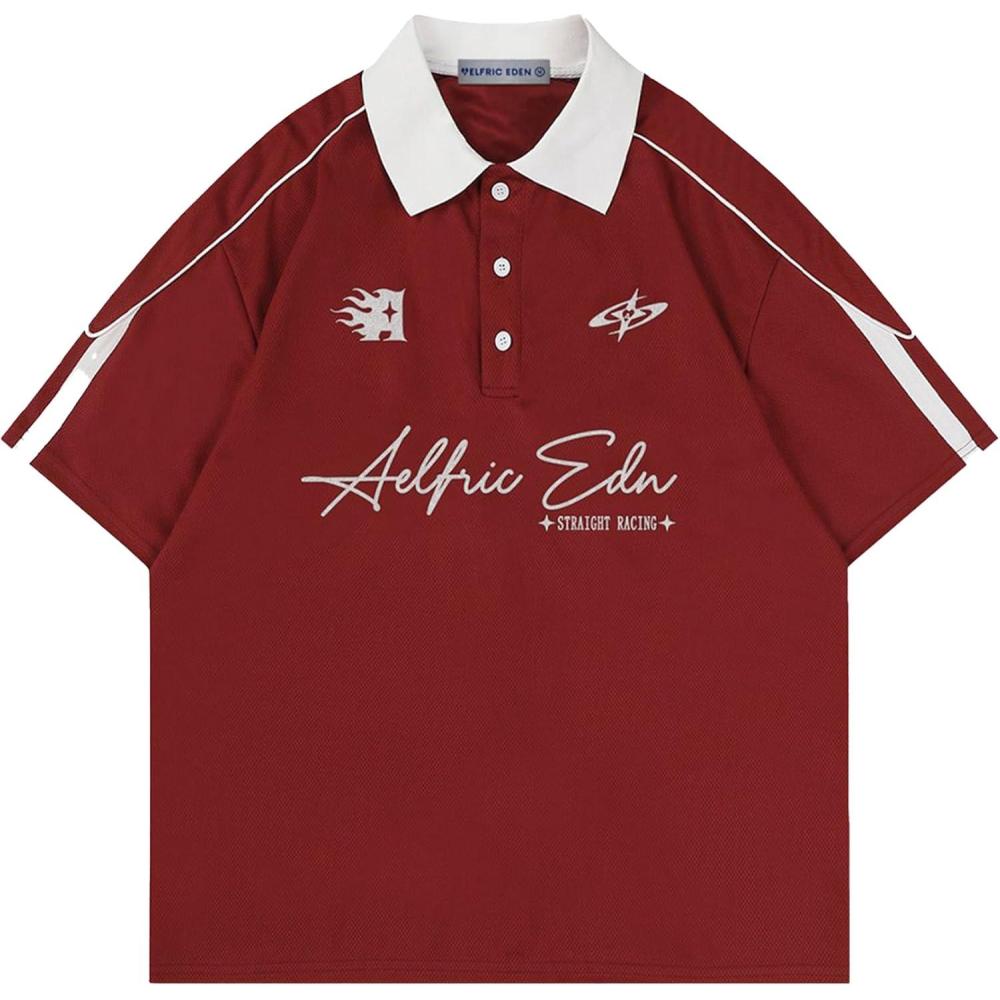 imageAelfric Eden Mens Vintage Letter Polo Tee Oversized Button Collar Graphic Patchwork T Shirt Short Sleeve Summer TopsRed