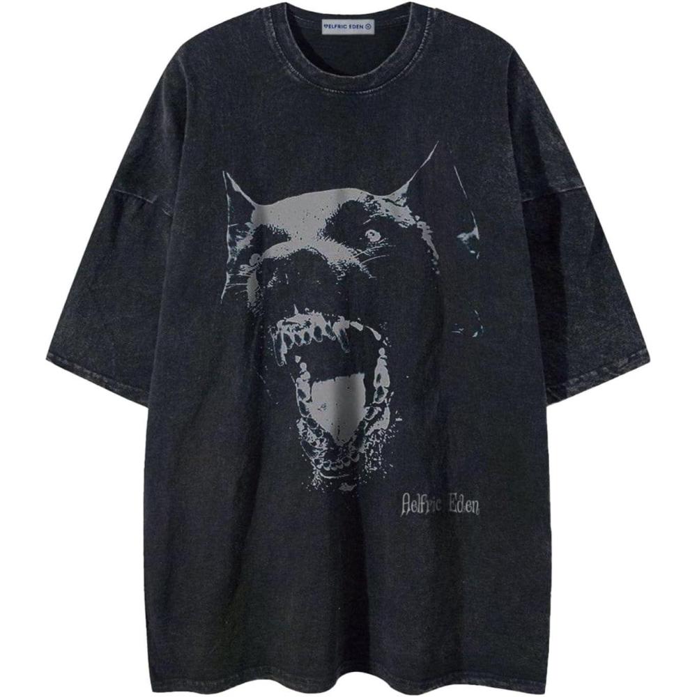 imageAelfric Eden Oversized Tees Graphic Dog Print Tshirt Washed Cotton Short Sleeve Summer Streetwear Vintage Unisex TopsBlack