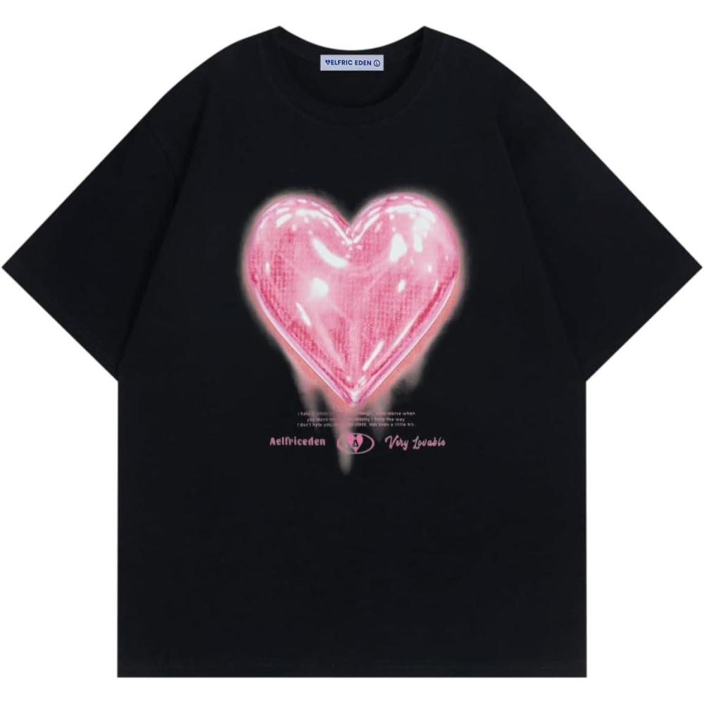 imageAelfric Eden Women Love Balloon Graphic Tees Summer Short Sleeve Printed Cotton T Shirts Casual Harajuku TopsBlackpink