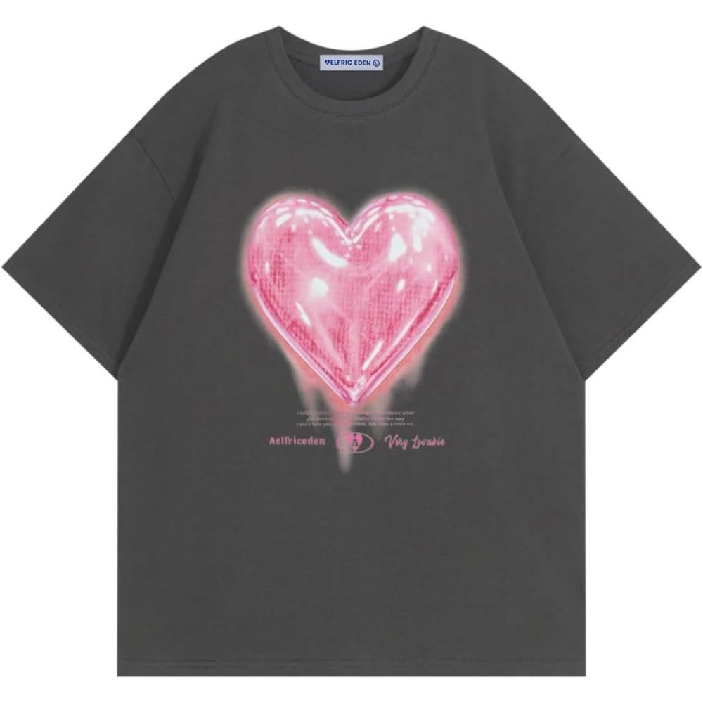 imageAelfric Eden Women Love Balloon Graphic Tees Summer Short Sleeve Printed Cotton T Shirts Casual Harajuku TopsGrey