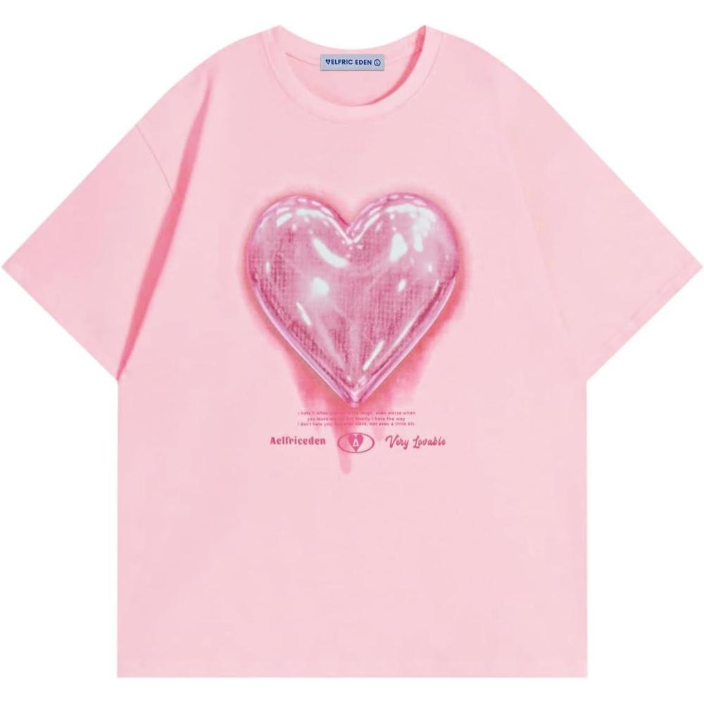 imageAelfric Eden Women Love Balloon Graphic Tees Summer Short Sleeve Printed Cotton T Shirts Casual Harajuku TopsPink