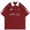 imageAelfric Eden Mens Vintage Letter Polo Tee Oversized Button Collar Graphic Patchwork T Shirt Short Sleeve Summer TopsRed