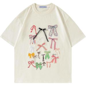 imageAelfric Eden Bow Shirt for Women Oversized Graphic Tees Y2K Cute Print Short Sleeve TShirt Casual Summer Cotton TopBeige