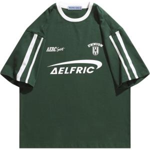 imageAelfric Eden Graphic Tees Y2k Women Oversized T Shirts Striped Patchwork Crewneck Unisex Streetwear TopsGreen