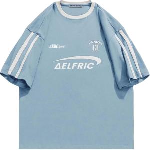 imageAelfric Eden Graphic Tees Y2k Women Oversized T Shirts Striped Patchwork Crewneck Unisex Streetwear TopsLight Blue