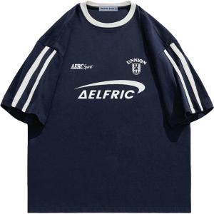 imageAelfric Eden Graphic Tees Y2k Women Oversized T Shirts Striped Patchwork Crewneck Unisex Streetwear TopsNavy Blue