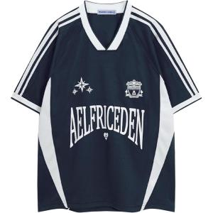 imageAelfric Eden Jersey Shirts Women Oversized Mesh V Neck Graphic Tees Y2k Color Block Short Sleeve T Shirt TopsNavy Blue