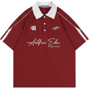 imageAelfric Eden Mens Vintage Letter Polo Tee Oversized Button Collar Graphic Patchwork T Shirt Short Sleeve Summer TopsRed