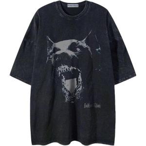 imageAelfric Eden Oversized Tees Graphic Dog Print Tshirt Washed Cotton Short Sleeve Summer Streetwear Vintage Unisex TopsBlack