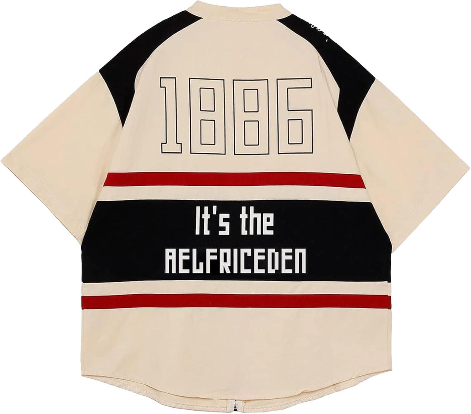 imageAelfric Eden Mens Vintage Oversized Shirts Unisex Streetwear Patchwork Casual ShortSleeveBeige