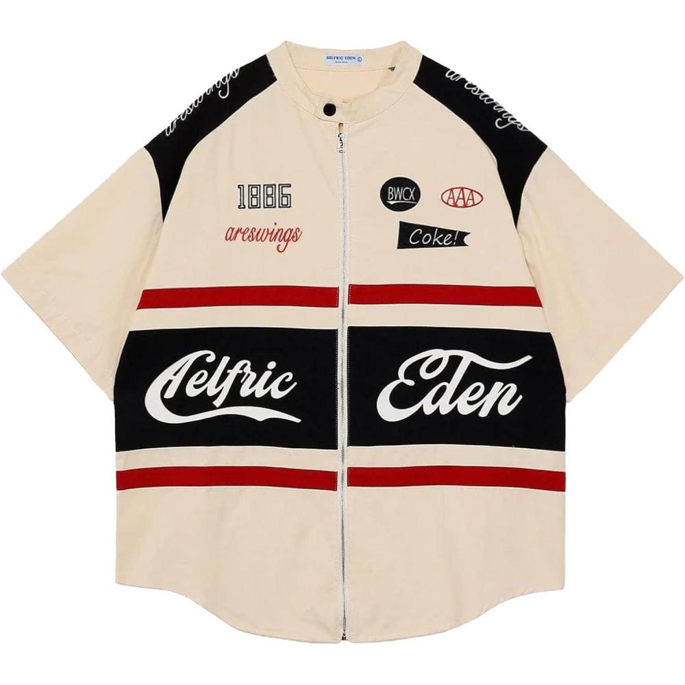 imageAelfric Eden Mens Vintage Oversized Shirts Unisex Streetwear Patchwork Casual ShortSleeveBeige