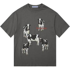 imageAelfric Eden Dairy Cow Print Tee Vintage Oversize Shirts Summer Unisex Casual Harajuku Top TshirtGray