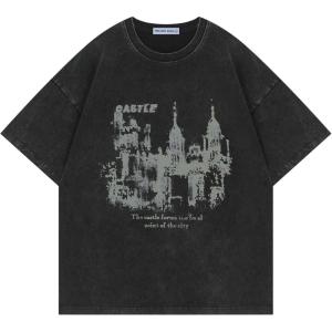 imageAelfric Eden Mens T Shirts Castle Graphic Washed Tee Shirt Cotton Short Sleeve Tees Y2k Streetwear Casual 2025 Trendy TopsBlack