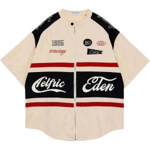 imageAelfric Eden Mens Vintage Oversized Shirts Unisex Streetwear Patchwork Casual ShortSleeveBeige