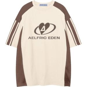 imageAelfric Eden Oversized Graphic Tees Men Contrast Color Speedway Racing Tee Unisex Streetwear Tshirt Patchwork Polo TeeBeige