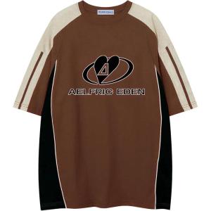imageAelfric Eden Oversized Graphic Tees Men Contrast Color Speedway Racing Tee Unisex Streetwear Tshirt Patchwork Polo TeeBrown