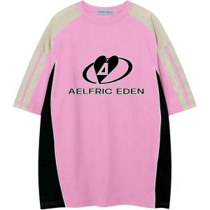 imageAelfric Eden Oversized Graphic Tees Men Contrast Color Speedway Racing Tee Unisex Streetwear Tshirt Patchwork Polo TeePink