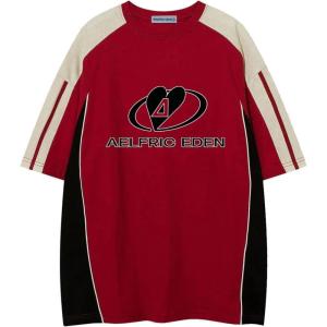 imageAelfric Eden Oversized Graphic Tees Men Contrast Color Speedway Racing Tee Unisex Streetwear Tshirt Patchwork Polo TeeRed