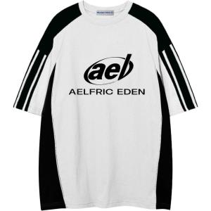 imageAelfric Eden Oversized Graphic Tees Men Contrast Color Speedway Racing Tee Unisex Streetwear Tshirt Patchwork Polo TeeWhite