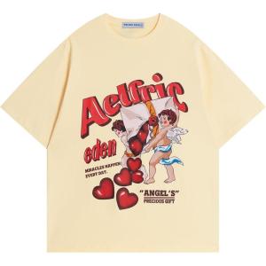 imageAelfric Eden Oversized Graphic Tees Women Streetwear Casual Heart Print Angel Cartoon Unisex Summer TopsApricot