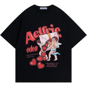 imageAelfric Eden Oversized Graphic Tees Women Streetwear Casual Heart Print Angel Cartoon Unisex Summer TopsBlack