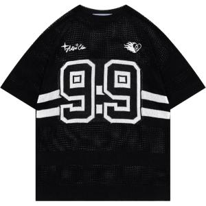 imageAelfric Eden Womens Graphic Tee Shirts CutOut Number Mesh Tops Streetwear Oversized Short Sleeve TShirtBlack