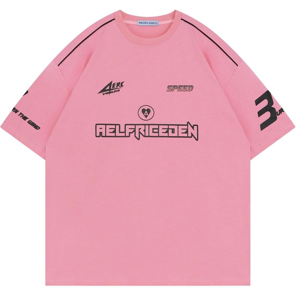 imageAelfric Eden Mens Graphic Tees Vintage Racing Tees Oversized T Shirt Women Contrast Color Summer TopsPink