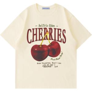 imageAelfric Eden Oversized Graphic Tees Unisex Cherries Print T Shirts Casual Summer Short Sleeve Top Cotton Cute Tee ShirtBeige