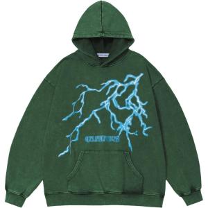 imageAelfric Eden Mens Lightning Graphic Hoodies Print Oversized Unisex Streetwear Vintage Hoodie Y2k Sweatshirt Pocket PulloverDark Green
