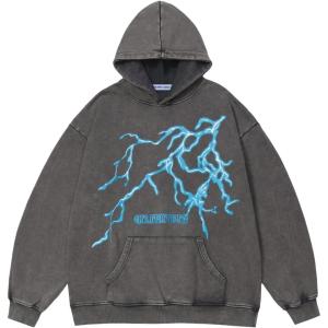 imageAelfric Eden Mens Lightning Graphic Hoodies Print Oversized Unisex Streetwear Vintage Hoodie Y2k Sweatshirt Pocket PulloverGrey