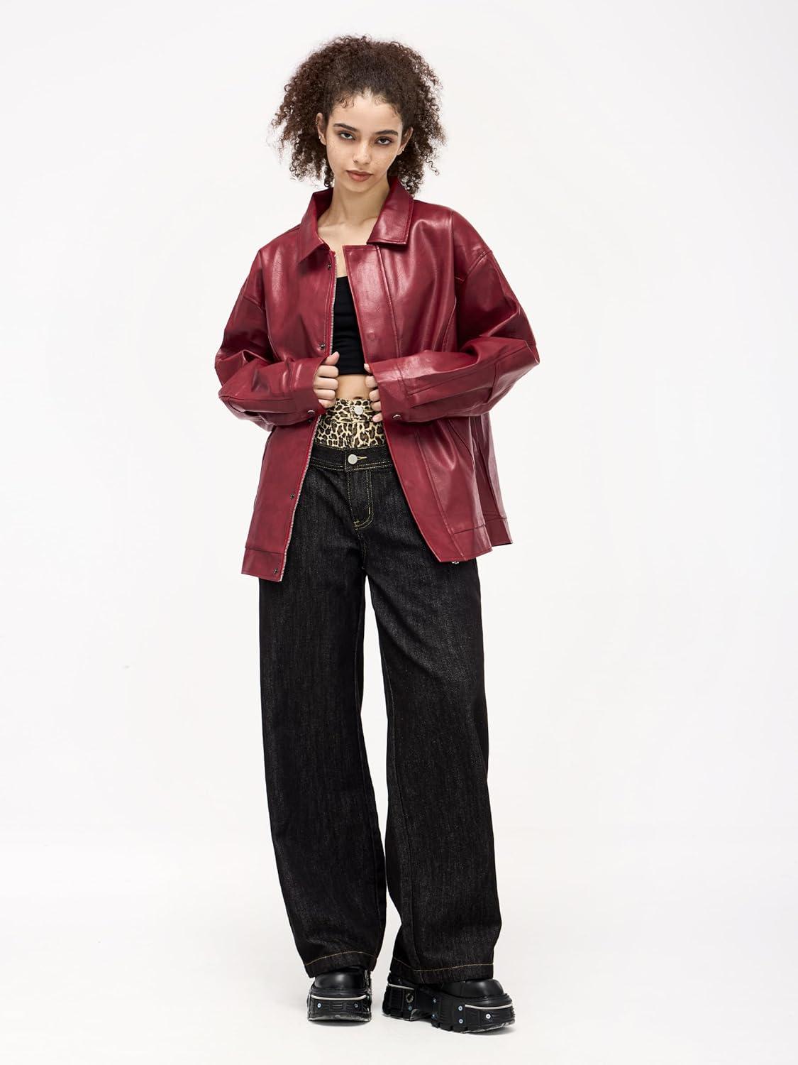 imageAelfric Eden Faux Leather Jacket Oversized Vintage Motorcycle Jackets Moto Coats Unisex Streetwear Jacket BurgundyBurgundy
