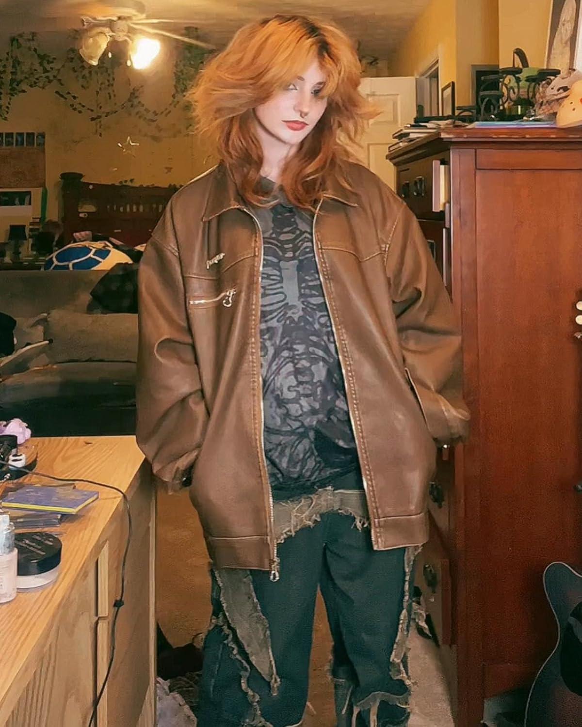 imageAelfric Eden Leather Jacket Faux Vintage Oversized Motorcycle Jackets Zip Up Moto Jacket Fashion Trendy Outfits UnisexCoffee
