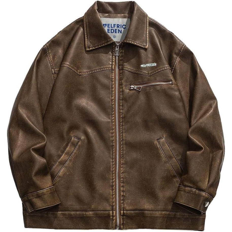 imageAelfric Eden Leather Jacket Faux Vintage Oversized Motorcycle Jackets Zip Up Moto Jacket Fashion Trendy Outfits UnisexCoffee