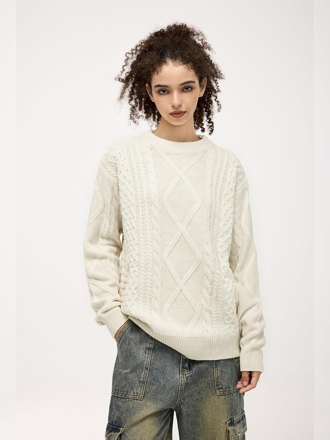 imageAelfric Eden Cable Knit Sweater Men Oversized Rory Gilmore Crewneck Knitted Sweater Pullover 2024 Vintage Fall Sweaters TopsCream