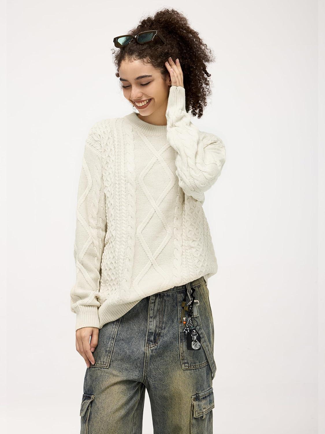 imageAelfric Eden Cable Knit Sweater Men Oversized Rory Gilmore Crewneck Knitted Sweater Pullover 2024 Vintage Fall Sweaters TopsCream