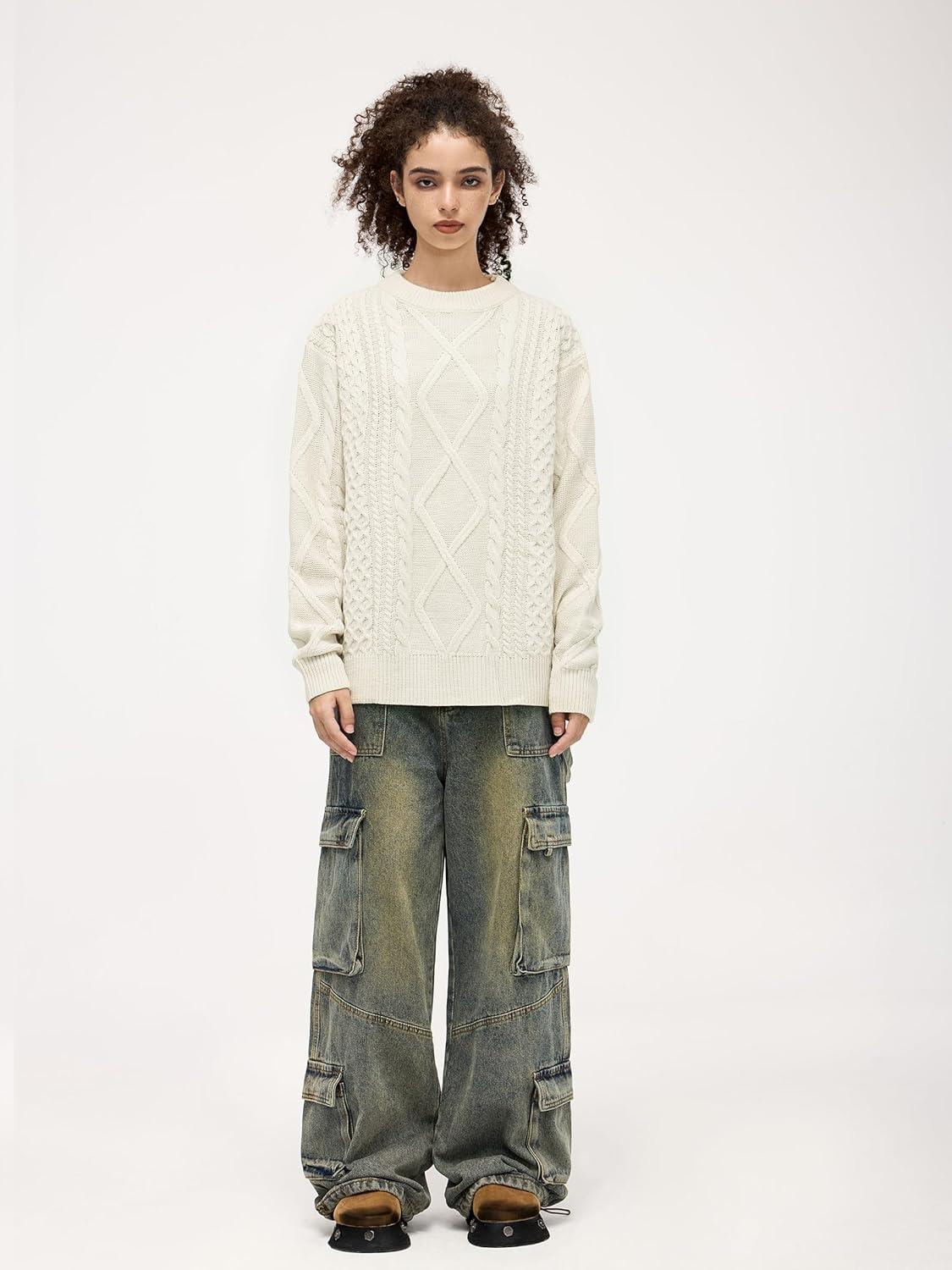imageAelfric Eden Cable Knit Sweater Men Oversized Rory Gilmore Crewneck Knitted Sweater Pullover 2024 Vintage Fall Sweaters TopsCream