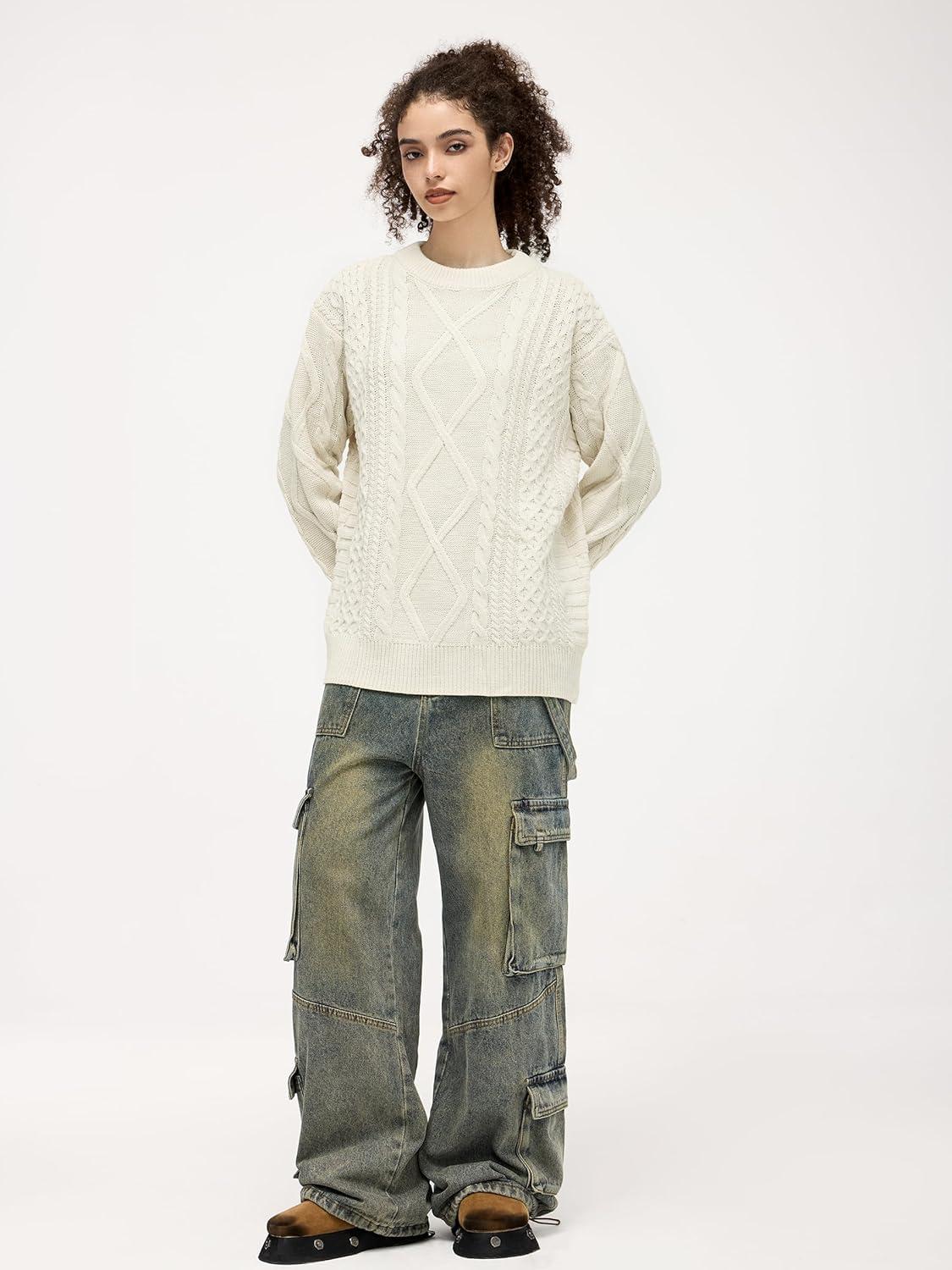 imageAelfric Eden Cable Knit Sweater Men Oversized Rory Gilmore Crewneck Knitted Sweater Pullover 2024 Vintage Fall Sweaters TopsCream