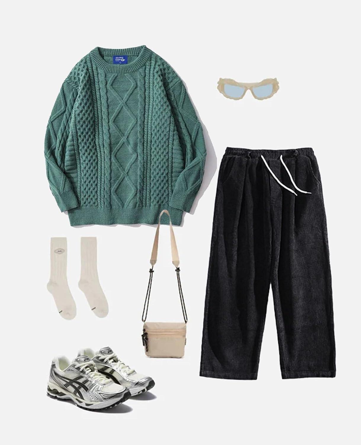 imageAelfric Eden Cable Knit Sweater Men Oversized Rory Gilmore Crewneck Knitted Sweater Pullover 2024 Vintage Fall Sweaters TopsGreen