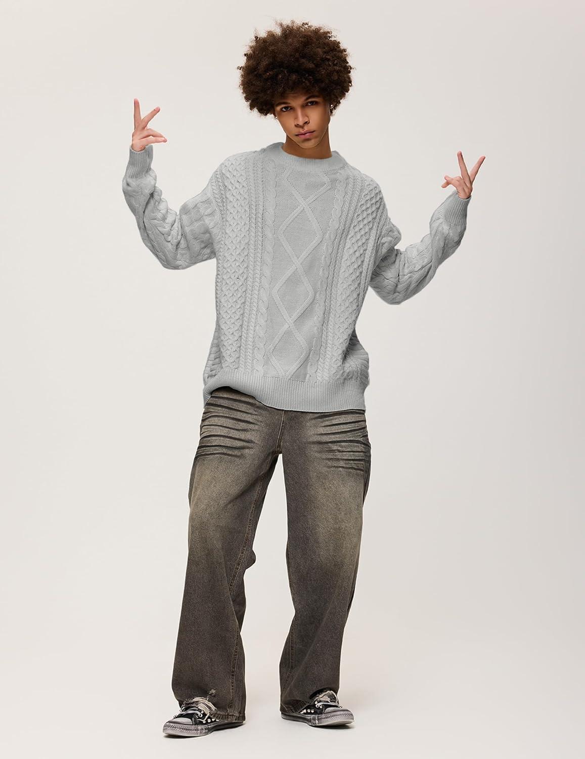 imageAelfric Eden Cable Knit Sweater Men Oversized Rory Gilmore Crewneck Knitted Sweater Pullover 2024 Vintage Fall Sweaters TopsGrey