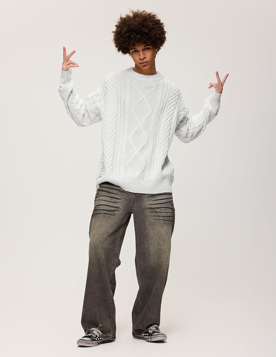 imageAelfric Eden Cable Knit Sweater Men Oversized Rory Gilmore Crewneck Knitted Sweater Pullover 2024 Vintage Fall Sweaters TopsWhite