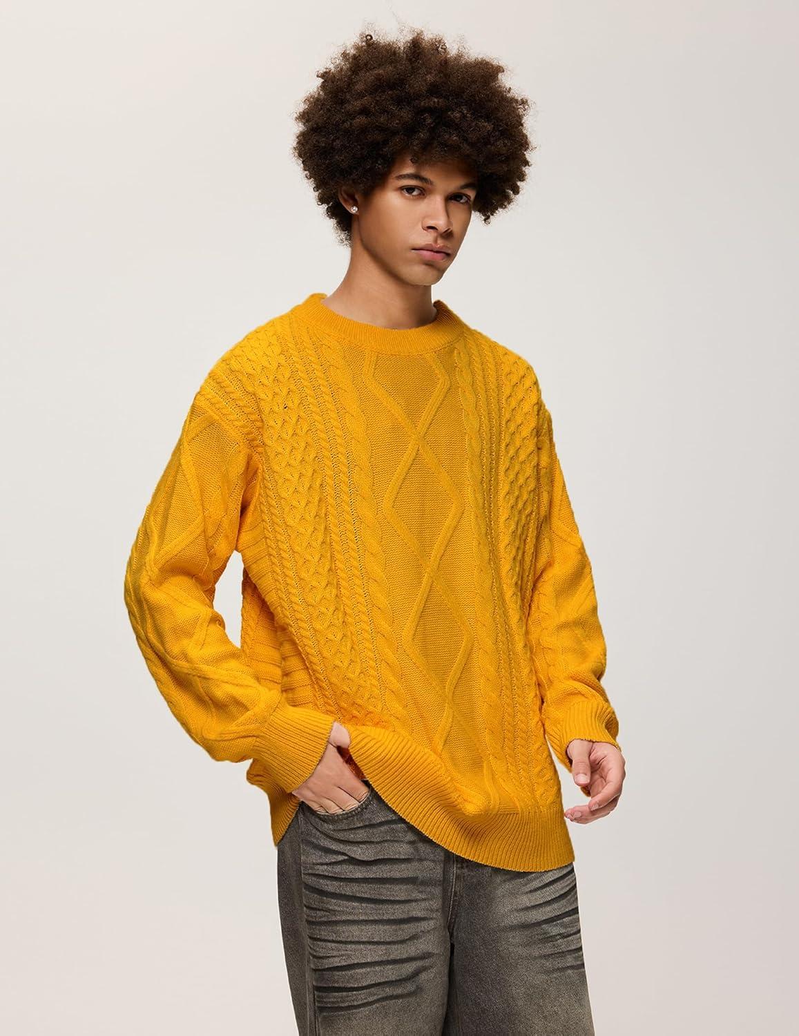 imageAelfric Eden Cable Knit Sweater Men Oversized Rory Gilmore Crewneck Knitted Sweater Pullover 2024 Vintage Fall Sweaters TopsYellow