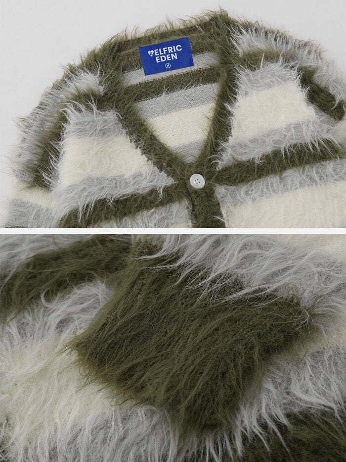 imageAelfric Eden Color Blocking Striped Fuzzy Cardigan Crewneck Vintage Oversized Button Down Knit Cardigans Sweater TopsGreen