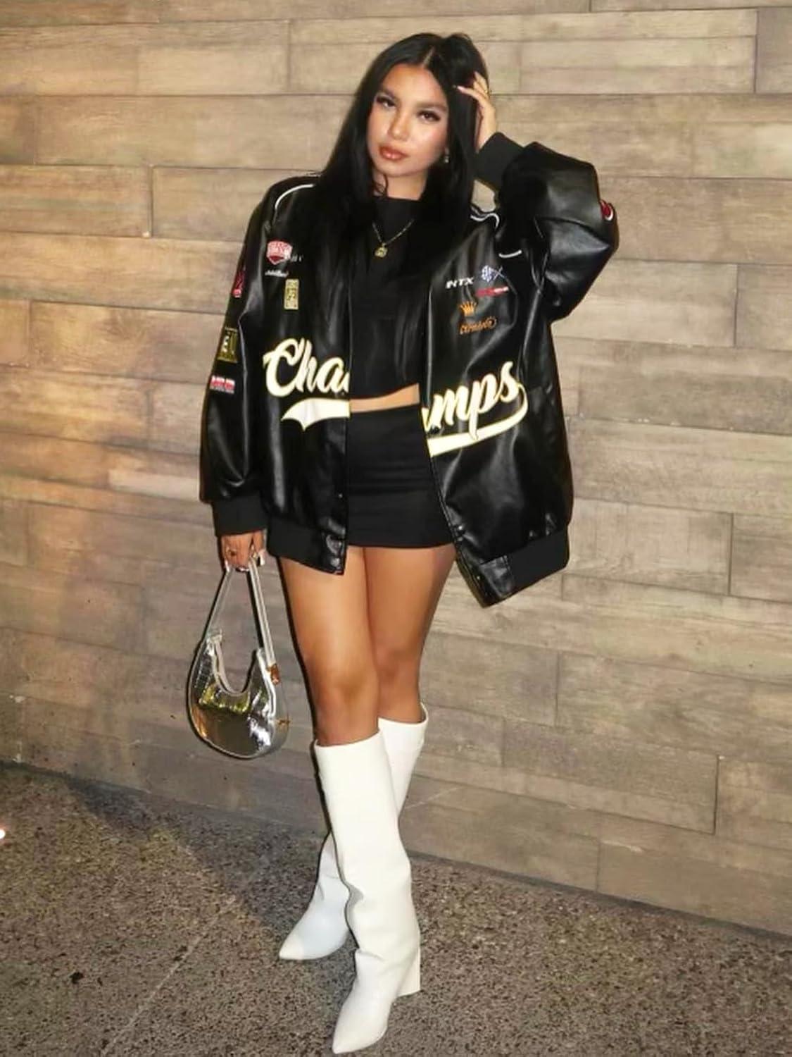 imageAelfric Eden Embroiderey Racing Leather Bomber Jackets Oversized Patchwork Vintage Racer Moto JacketsBlack