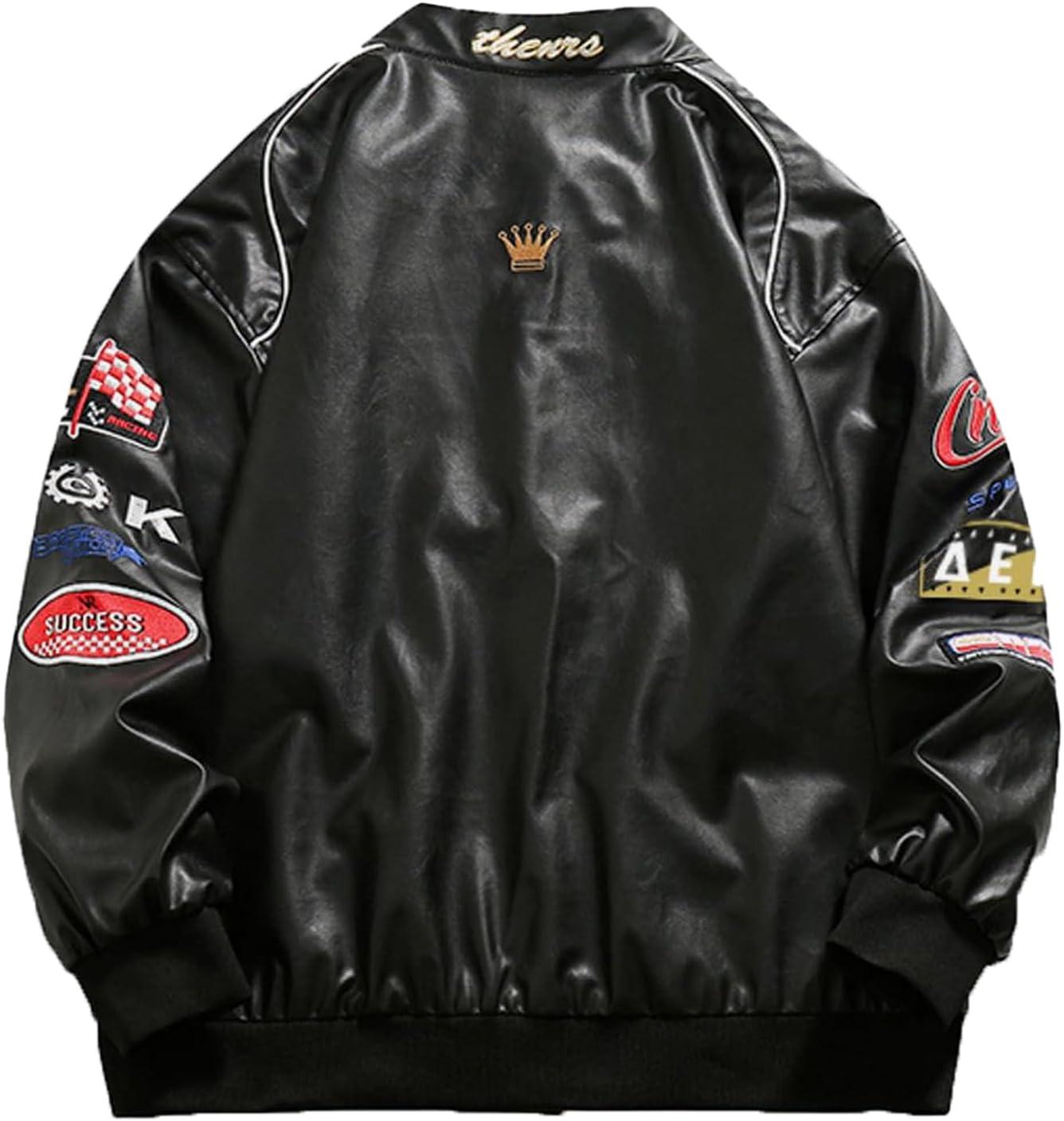 imageAelfric Eden Embroiderey Racing Leather Bomber Jackets Oversized Patchwork Vintage Racer Moto JacketsBlack