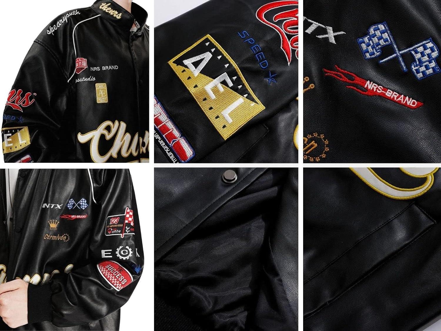 imageAelfric Eden Embroiderey Racing Leather Bomber Jackets Oversized Patchwork Vintage Racer Moto JacketsBlack