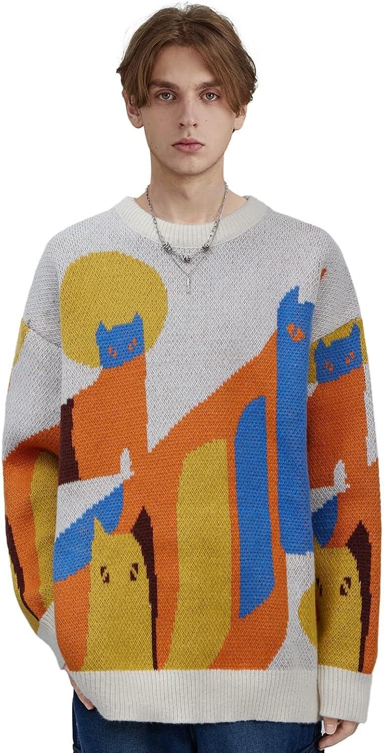 imageAelfric Eden Graphic Sweaters Color Blocking Cat Sweater Vintage Oversized Crewneck Knit Pullover Christmas TopsApricot
