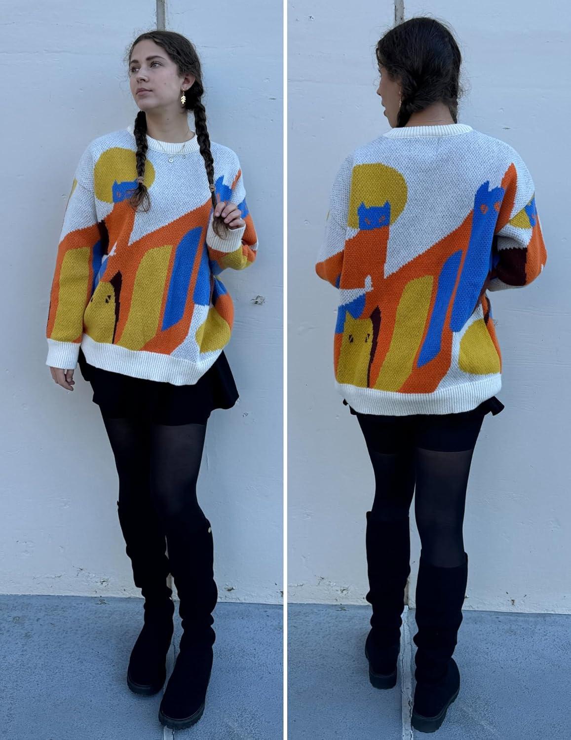 imageAelfric Eden Graphic Sweaters Color Blocking Cat Sweater Vintage Oversized Crewneck Knit Pullover Christmas TopsApricot