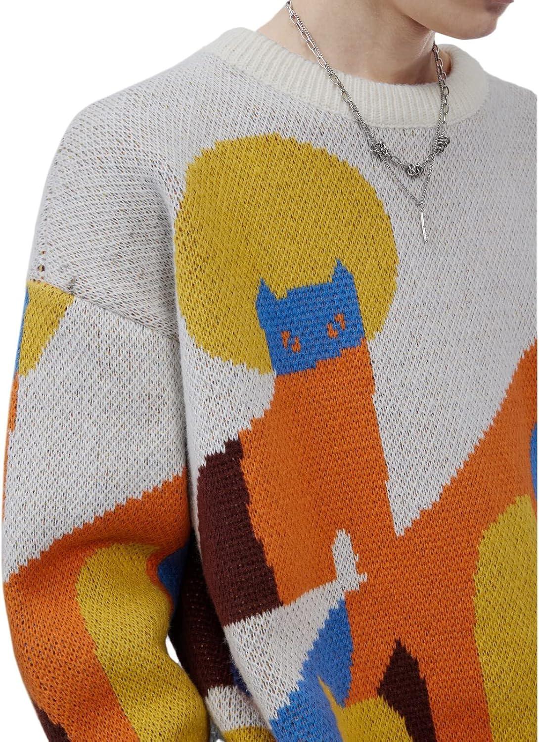 imageAelfric Eden Graphic Sweaters Color Blocking Cat Sweater Vintage Oversized Crewneck Knit Pullover Christmas TopsApricot