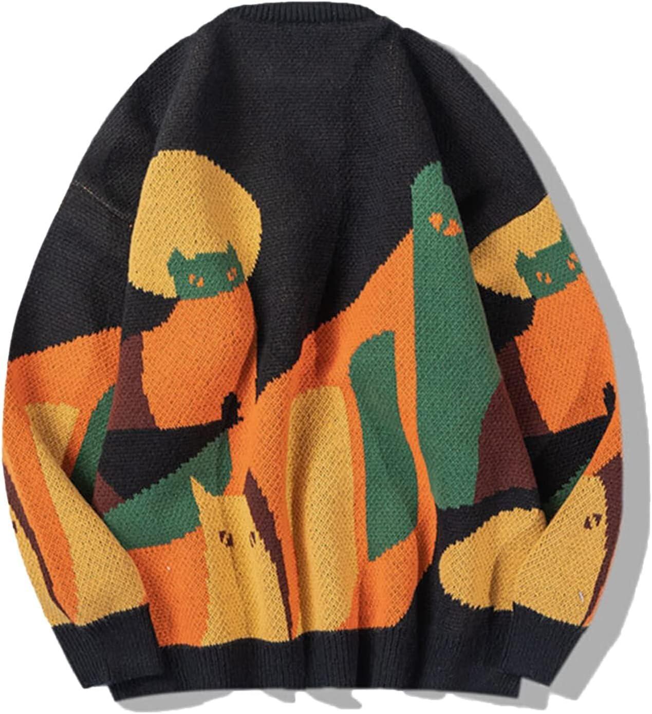 imageAelfric Eden Graphic Sweaters Color Blocking Cat Sweater Vintage Oversized Crewneck Knit Pullover Christmas TopsBlack