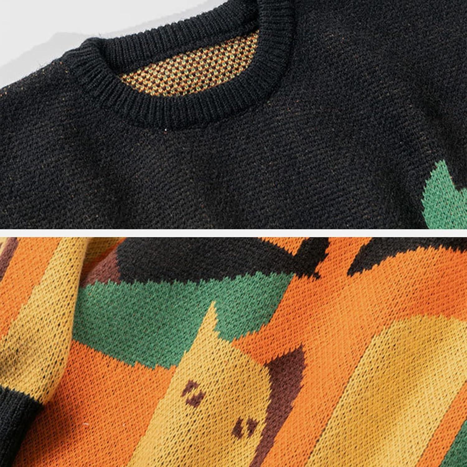 imageAelfric Eden Graphic Sweaters Color Blocking Cat Sweater Vintage Oversized Crewneck Knit Pullover Christmas TopsBlack
